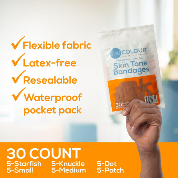 Tru-Colour Skin Tone Assorted Bandages: Brown Single Bag (30-Count, Orange Bag) - Tru-Colour Bandages
